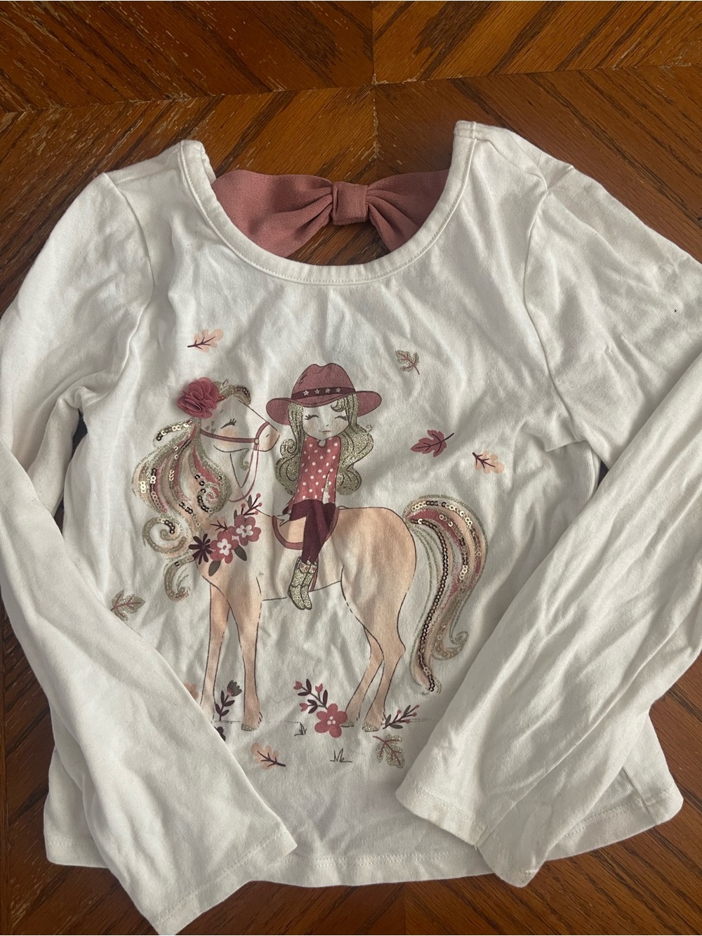 Cynthia Rowley White Long Sleeve Tee with Pink Bow and Horse Rider